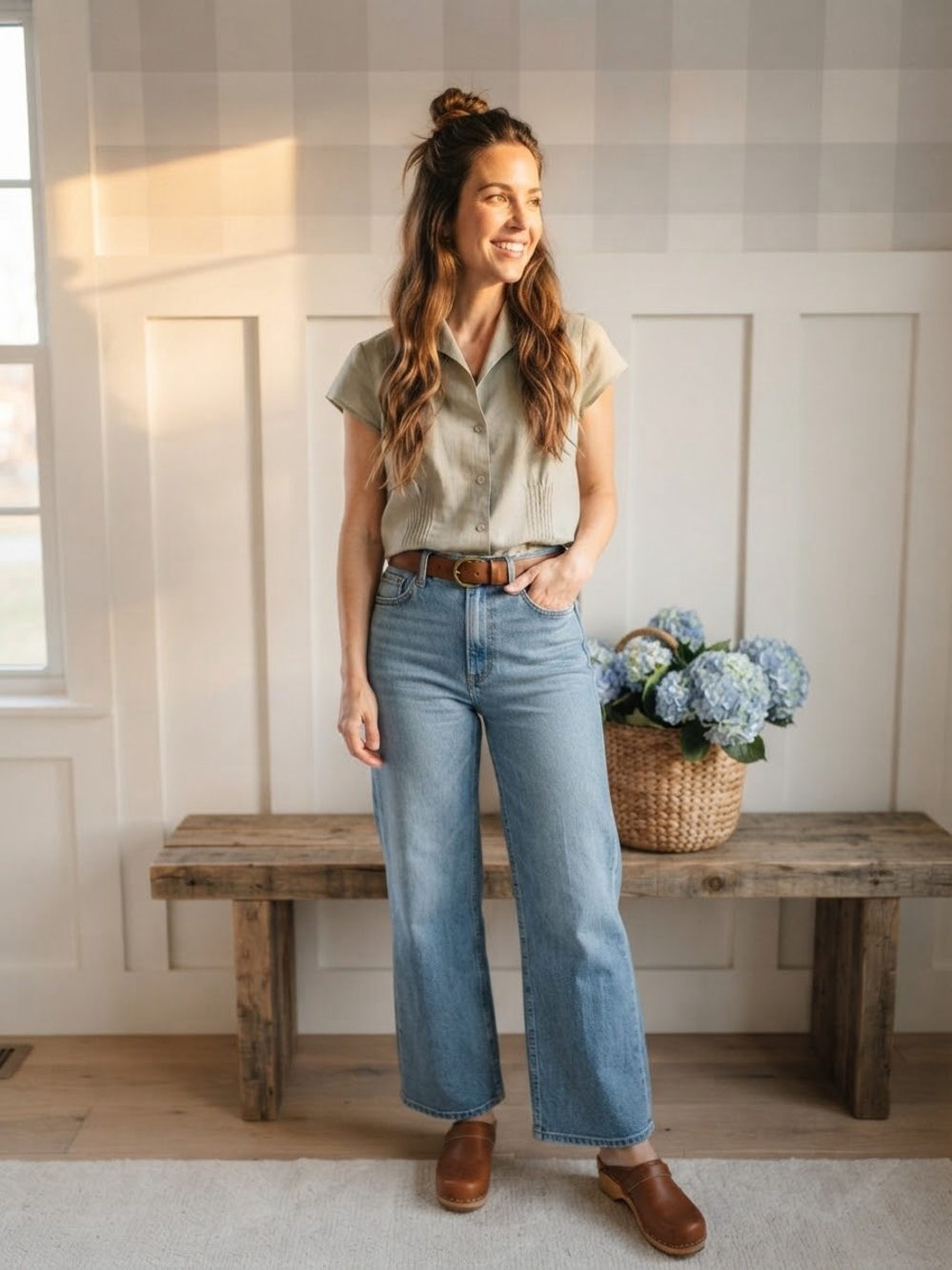 Bianca Nygard Short-Sleeve Button Front Blouse in Light Sage
